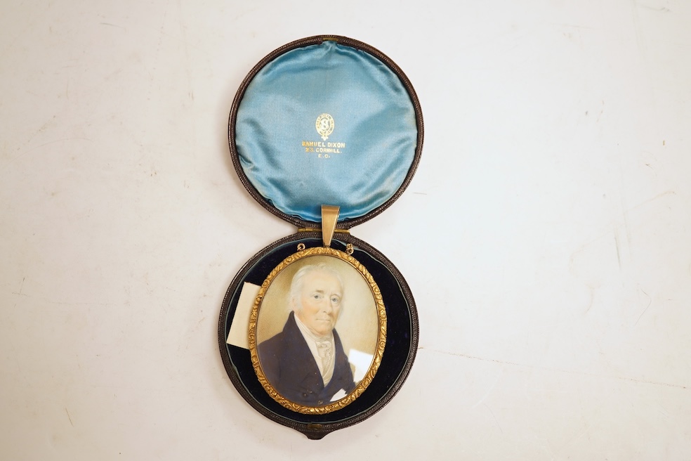 Manner of Thomas Richmond (1771-1837), Portrait miniature on ivory, Portrait of Francis Robinson, with hair work and seed pearls verso, housed in a gilt metal case, 11cm high. CITES Submission reference EF4KBE7V